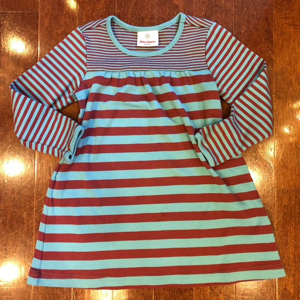 Hanna Andersson Teal/Brown stripe dress * Size 3-5